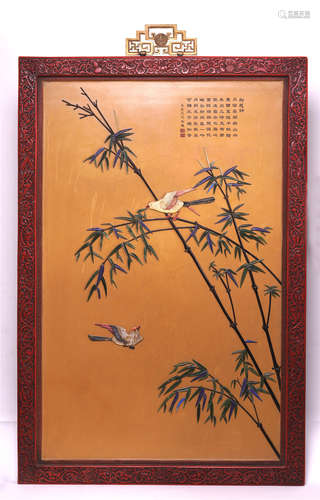 CHINESE GEM STONE INLAID BIRD AND BAMBOO CINNABAR WALL HANGED SCREEN