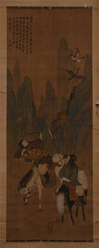 CHINESE SCROLL PAINTING OF HUNTING IN MOUNTAIN