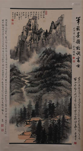 CHINESE SCROLL PAINTING OF MOUNTAIN VIEWS WITH CALLIGRAPHY