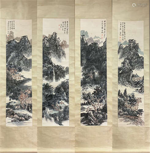 FOUR PANELS OF CHINESE SCROLL PAINTING OF MOUNTAIN VIEWS