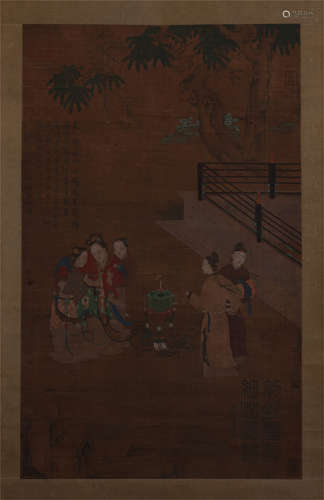 CHINESE SCROLL PAINTING OF BEAUTY IN GARDEN