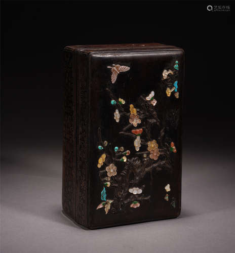 CHINESE GEM STONE INLAID HARDWOOD ZITAN BOX