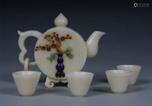 CHINESE GEM STONE INLAID WHITE JADE TEA POT AND FOUR CUPS