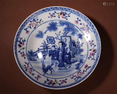 CHINESE PORCELAIN BLUE AND WHITE FIGURES IN GARDEN PLATE