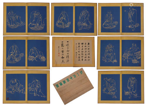 TWEENTY PAGES OF CHINESE ALBUM PAINTING OF LOHAN WITH CALLIGRAPHY