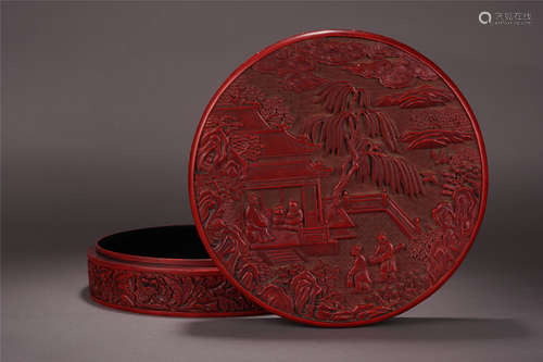 CHINESE CINNABAR MEN IN GARDEN ROUND BOX