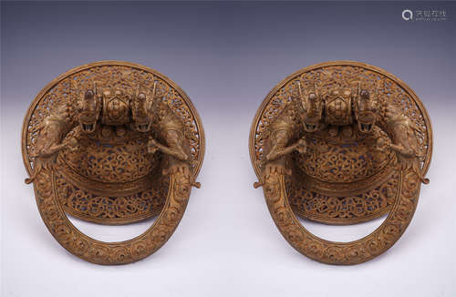 PAIR OF CHINESE GILT BRONZE DRAGON DOOR KNOCKERS