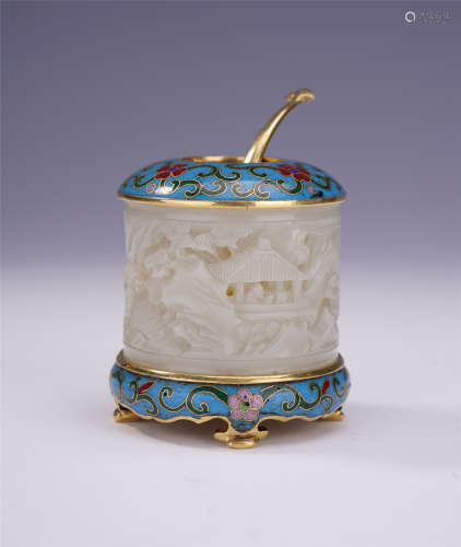 CHINESE WHITE JADE CLOISONNE WATER POT WITH SPOON