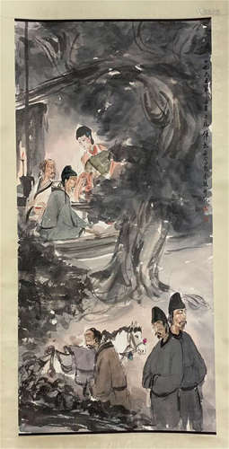 CHINESE SCROLL PAINTING OF PEOPLE UNDER TREE