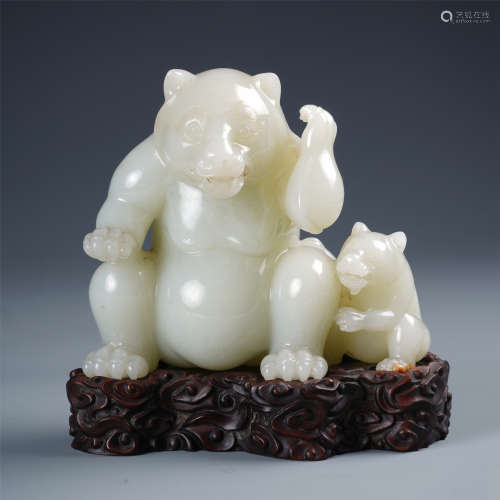 CHINESE WHITE JADE BEAR ON ROSEWOOD STAND