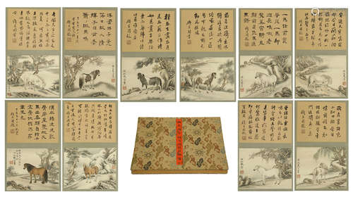 TWEENTY PAGES OF CHINESE ALBUM PAINTING OF HORSE UNDER TREE WITH CALLIGRAPHY