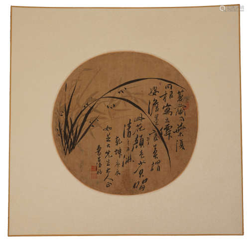CHINESE ROUND FAN PAINTING OF ORCHID WITH CALLIGRAPHY