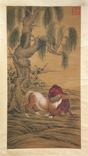 CHINESE SCROLL PAINTING OF HORSE UNDER WILLOW