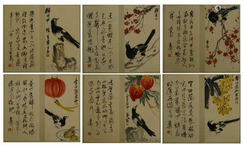 SIXTEEN PAGES OF CHINESE ALBUM PAINTING OF BIRD AND FLOWER WITH CALLIGRAPHY