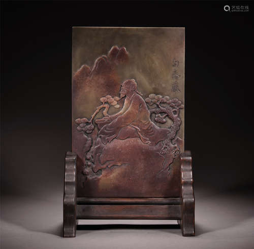 CHINESE QIYANG STONE FIGURE IN MOUNTAIN TABLE SCREEN