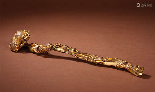 CHINESE GEM STONE INLAID GILT BRONZE RUYI SCEPTER