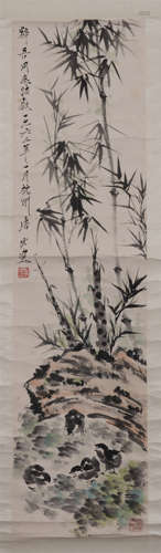 CHINESE SCROLL PAINTING OF BAMBOO AND ROCK