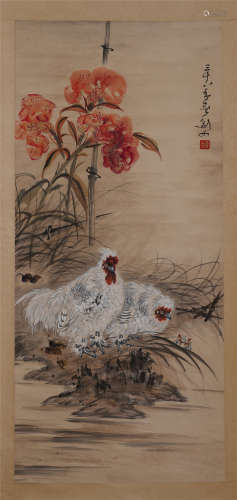 CHINESE SCROLL PAINTING OF ROOSTER AND FLOWER