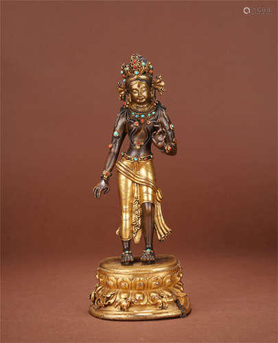 CHINESE GEM STONE INLAID GILT BRONZE STANDING GUANYIN