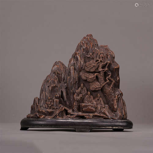 CHINESE AGALWOOD MEN GATHERING SCHOLAR'S ROCK ON ROSEWOOD STAND