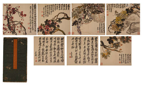 SEVEEN PAGES OF CHINESE ALBUM PAINTING OF FLOWER WITH CALLIGRAPHY