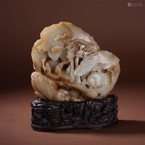 CHINESE WHITE JADE SCHOLAR'S ROCK ON ROSEWOOD BASE