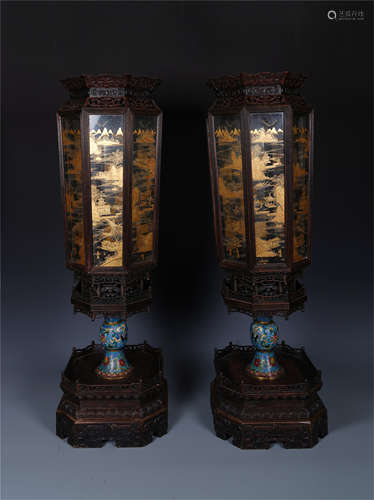 PAIR OF CHINESE HARDWOOD ZITAN GOLD PAINTED GLASS PALACE LANTERNS