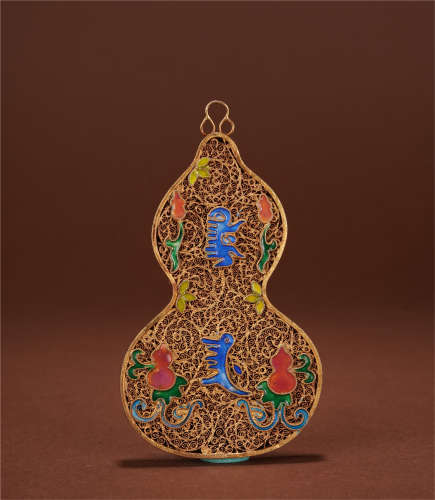 CHINESE GILT SILVER ENAMEL GOURD SHAPED ABSTAINANCE PLAQUE