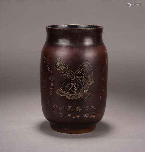 CHINESE LACQUER BRONZE POEM VASE