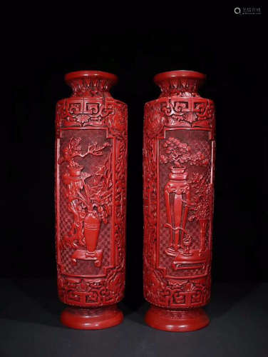 RED LACQUER BOGU VASE IN PAIR