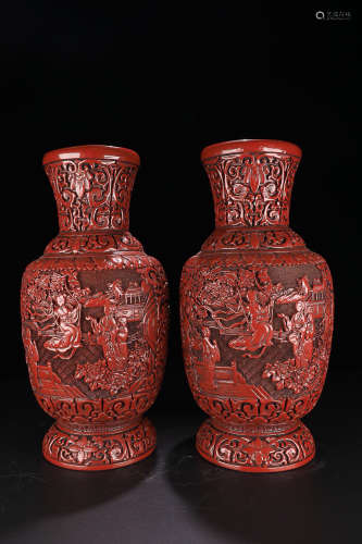 RED LACQUER FIGURE CARVED VASES
