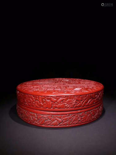 CARVED STORY  RED LACQUER BOX
