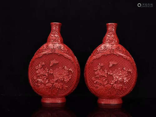 RED LACQUER PEONY CARVED MOON VASES