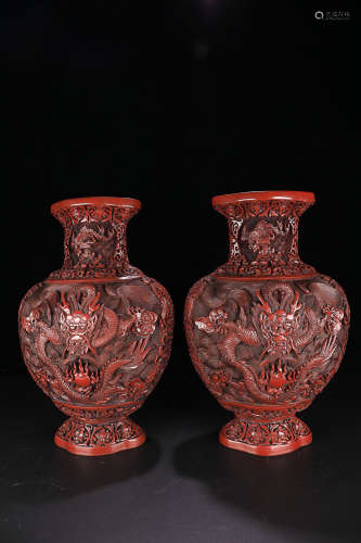 RED LACQUER DOBLE VASES