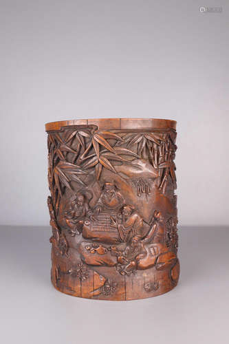 A BAMBOO BRUSH POT WITH STORY CARVING