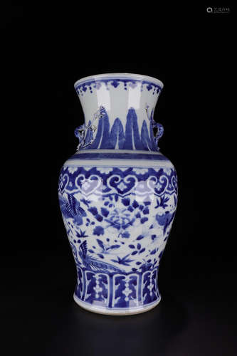 A BLUE&WHITE VASE OF BIRD&FLOWER PATTERN