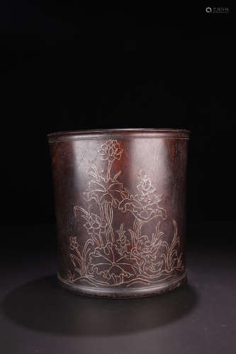 A ZITAN WOOD BRUSH POT WITH SILVER LINE