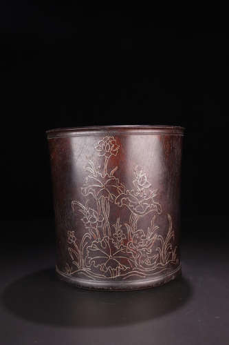 A ZITAN WOOD BRUSH POT WITH SILVER LINE