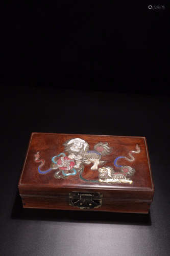 A HUANGHUA WOOD BOX OF LION PAINTING