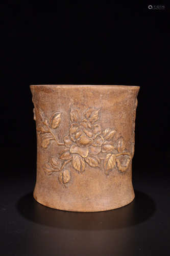 A HUANGHUA WOOD BRUSH POT WITH FLORAL CARVING