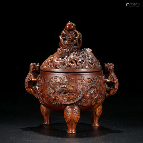 A HUANGYANG WOOD TRIPOD CENSER WITH DRAGON CARVING