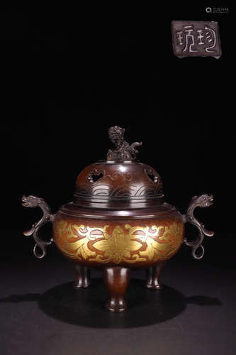 A GILT BRONZE CENSER WITH DRAGON HANDLERS