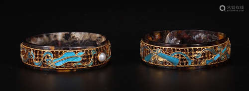 TORTOISESHELL EMBEDDED SILVE GILT & DIAN CUI BA XIAN PATTERN BANGLE FOR 2