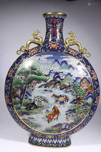 QIANLONG NIAN ZHI MARK CLOISONNE XI MA TU DOUBLE DRAGON EAR BAO YUE BOTTLE