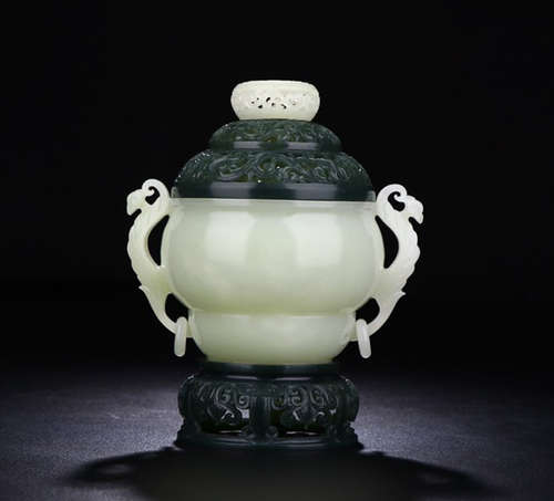 HETIAN JADE DOUBLE LINGZHI EAR CENSER & JASPER TOP & BASE