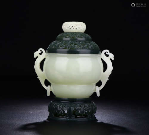 HETIAN JADE DOUBLE LINGZHI EAR CENSER & JASPER TOP & BASE