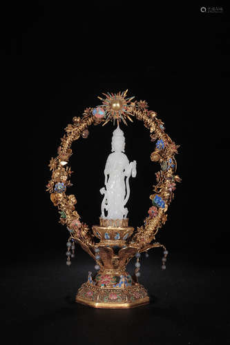 SILVER GILT EMBEDDED HETIAN JADE GUANYIN BUDDHA