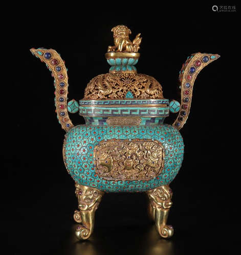 SILVER GILT EMBEDDED TURQUOISE CENSER