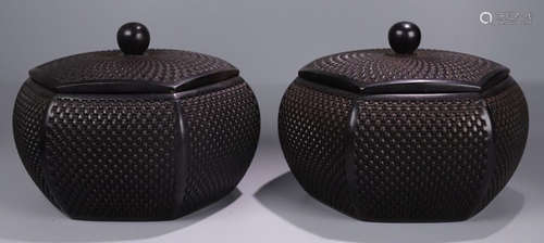 PAIR ZITAN WOOD CARVED TEA JAR