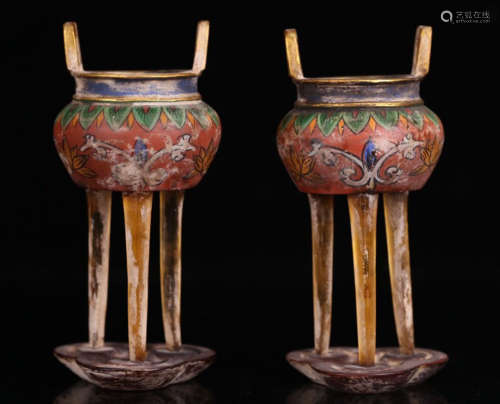 PAIR PAINTED GLASS CASTED FLOWER PATTERN CENSER